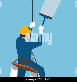 glass cleaner of steeplejack washing a skyscraper windows Stock Vector
