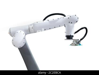 Robotic picked printed circuit board isolated on white background with clipping path Stock Photo