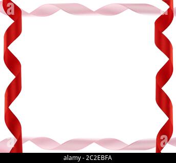 curled red and pink satin ribbons isolated on white background, festive backdrop, copy space Stock Photo