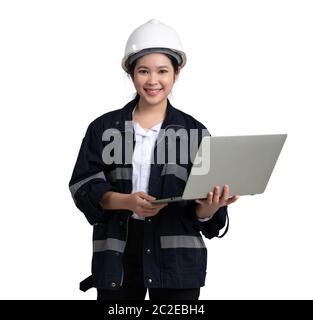 Young asian female engineer with laptop computer isolated on white background with clipping path Stock Photo