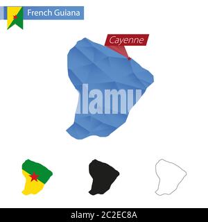 French Guiana blue Low Poly map with capital Cayenne, four versions of map. Vector Illustration. Stock Vector