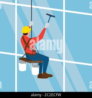 glass cleaner of steeplejack washing a skyscraper windows Stock Vector