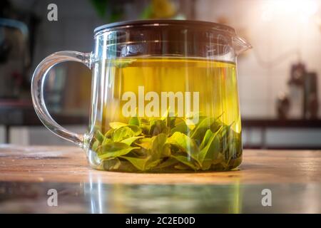 pot of verbena tea on old wooden table Stock Photo