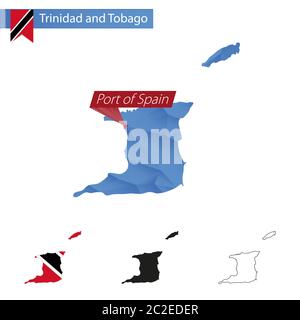 Trinidad and Tobago blue Low Poly map with capital Port of Spain, versions with flag, black and outline. Vector Illustration. Stock Vector