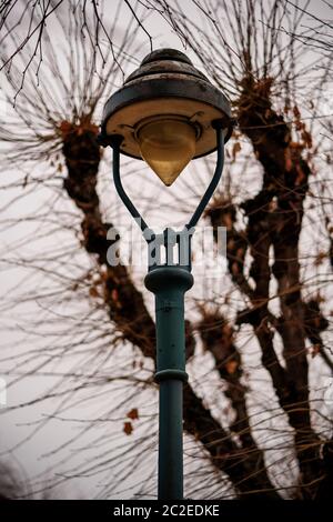 Old rusty lantern with a withered tree and gloomy winter sky in the background. Stock Photo