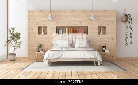 Master bedroom in rustic style with minimalist white double bed against wooden wall - 3d rendering Stock Photo