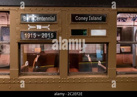 Vintage subway train car in New York Transit Museum located in downtown ...