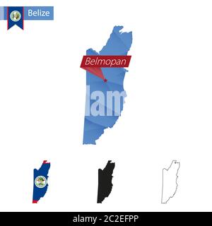 Belize blue Low Poly map with capital Belmopan, versions with flag, black and outline. Vector Illustration. Stock Vector