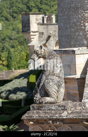 Milandes; France - September 4; 2018: A gargoyle in the garden of Chateau des Milandes; a castle; in the Dordogne; from the forties to the sixties of Stock Photo