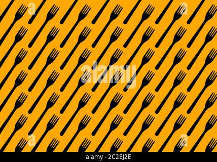 Many black plastic forks on yellow background, top view. Disposable table wear concept. Creative top view pattern. Stock Photo
