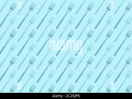 Many black plastic forks on blue background, top view. Disposable table wear concept. Creative top view pattern. Stock Photo