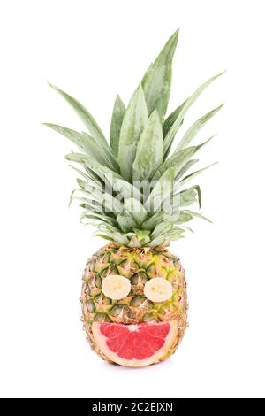 Fun smiley face made out of fruits, isolated on white background. Fruits make me happy. Stock Photo
