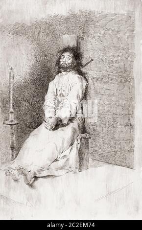 The Garrotted Man - El agarrotado.  Etching by Francisco Goya, circa 1780. Stock Photo