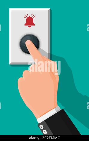 Hand push the bell button at the front door. Finger presses the doorbell switch. Person rings in the apartment. Flat vector illustration Stock Vector