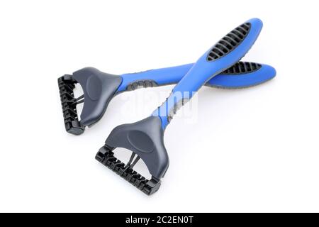 blue disposable shaving razor on white background Stock Photo
