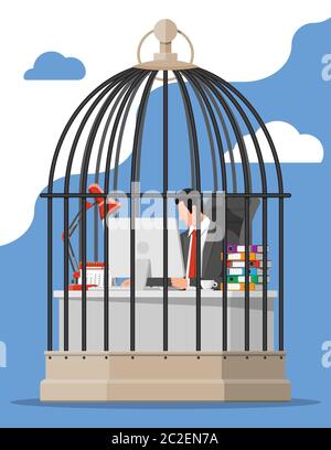 Businessman working on computer in the bird cage. Overworked business man in jail. Stress at work. Bureaucracy, paperwork, deadline and paperwork. Vector illustration in flat style Stock Vector