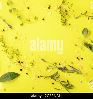 Recipe design template. Various seasoning, herbs and spices, shot from above on a vibrant yellow background, forming a frame for Stock Photo