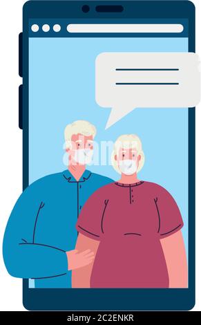 old couple talk to each other on the smartphone screen, conference video call, during covid 19 Stock Vector