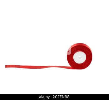 curled red satin ribbon isolated on white background, festive backdrop Stock Photo