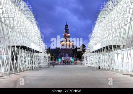MILAN, ITALY - MAY 31: EXPO2015 Gate in Piazza Castelo, Milan, Italy with the Sforza Castle in the background. Expo 2015 is the next Universal Exposit Stock Photo
