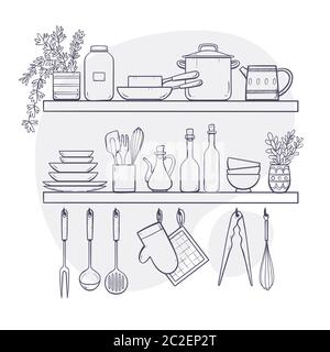 Kitchen supplies on shelves. Two shelves and hangers with plates, saucepans, bottles, condiments and other kitchenwares. Hand drawn vector illustratio Stock Vector