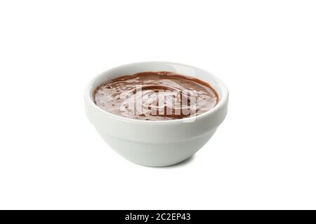 Bowl with melted chocolate isolated on white background Stock Photo