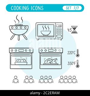 Cooking instructions icon set. Very useful to explain cooking recipes. Doodle style. Seventh part of seven images full collection. Stock Vector