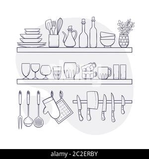 Kitchen supplies on shelves. Two shelves and hangers with bowls, glasses, bottles, kitchen knives and other kitchenwares. Hand drawn vector illustrati Stock Vector