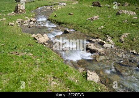 Creek in Canfranc Valley, Pyrenees, Huesca province, Aragon, Spain. Stock Photo