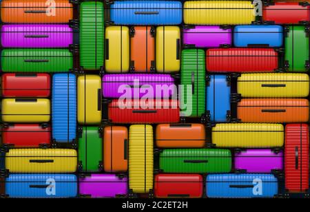 Many identical bright multi-colored suitcases on wheels stacked on top of each other. Travel bags are in a heap. 3D rendering illustration Stock Photo