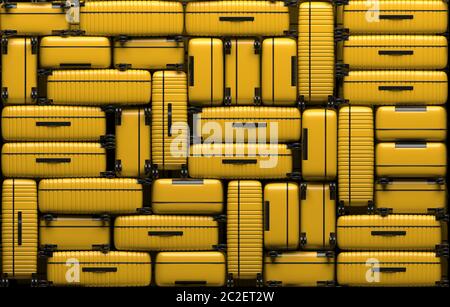Many identical yellow suitcases on wheels stacked on top of each other. Travel bags are in a heap. 3D rendering illustration Stock Photo