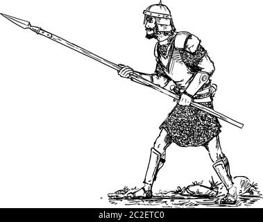 Hand drawn vector of ancient or fantasy warrior in armor and helmet walking ready to attack with spear. Stock Vector