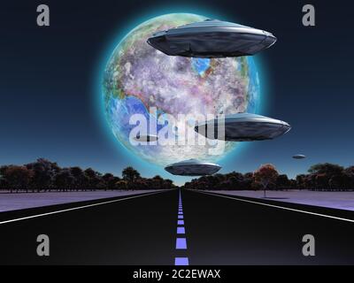 Terraformed moon seen from earth. Flying saucers over the highway Stock Photo