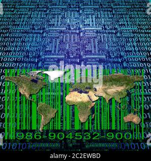 Binary code, world map and bar code Stock Photo