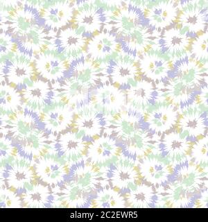 Blurry shibori tie dye naive daisy background. Seamless pattern on bleached resist white. Spring neo mint pastel for irregular dip dyed batik textile Stock Vector