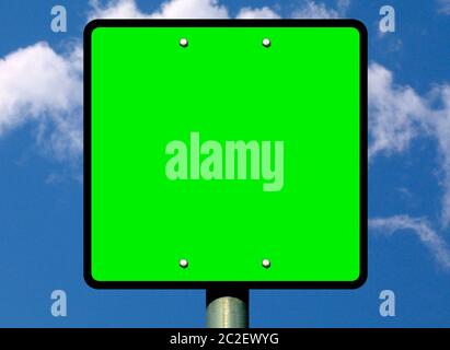 bright highlight green square road and traffic sign style note. virus free label in white handwriting text style. blue sky and white clouds background Stock Photo