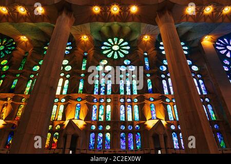 Stained windows from inside the Sagrada Familia in Barcelona, Spain. Stock Photo