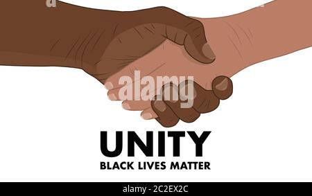 black man shaking a white woman's hand on a white background with the word unity and black lives matter Stock Vector