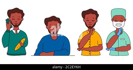 Set of vector ethnic people. A man with a beard in bright clothes, in various poses with closed eyes with dark skin. A doctor in a medical mask and Stock Vector