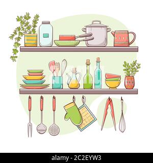 Kitchen supplies on shelves. Two shelves and hangers with plates, saucepans, bottles, condiments and other kitchenwares. Hand drawn vector illustratio Stock Vector