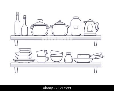 Kitchen supplies on shelves. Two shelves with plates, bottles, pans, pots, cups and other kitchenwares. Hand drawn vector illustration isolated on whi Stock Vector