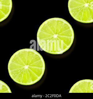 A seamless pattern of green lime round slices on a black background, a vibrant fruity citrus repeat print Stock Photo