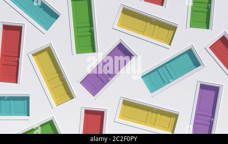 Many doors of different colors are randomly scattered on a white wall. Creative concept in the style of surrealism. Modern Art. 3D rendering illustrat Stock Photo