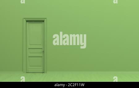 The interior of the room  in plain monochrome green color with single door. Green background with copy space. 3D rendering illustration. Stock Photo