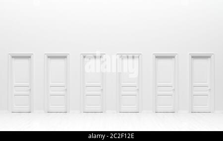 The interior of the room  in plain monochrome white color with many monotone doors. White background with copy space. 3D rendering illustration. Stock Photo