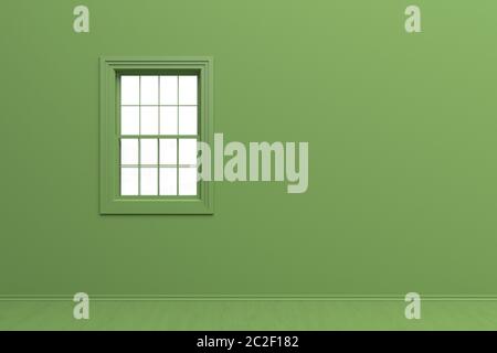 The interior of the room in plain monochrome green color with single window. Green background with copy space. 3D rendering illustration Stock Photo