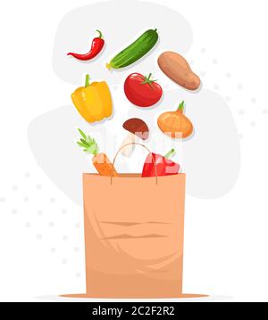 Grocery semi flat RGB color vector illustration. Farmer market products. Fresh vegetarian foodstuff from supermarket. Bag with premium vegetables isol Stock Vector