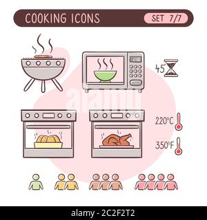 Cooking instructions icon set. Very useful to explain cooking recipes. Colorful hand drawn style. Seventh part of seven images full collection. Stock Vector