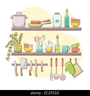 Kitchen supplies on shelves. Two shelves and hangers with bowls, saucepans, bottles, kitchen knives and other kitchenwares. Hand drawn vector illustra Stock Vector