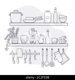 Kitchen supplies on shelves. Two shelves and hangers with bowls, saucepans, bottles, kitchen knives and other kitchenwares. Hand drawn vector illustra Stock Vector
